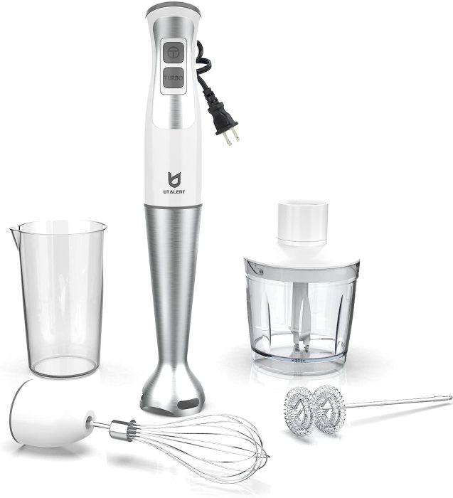 Immersion blender with three attachments and beaker.
