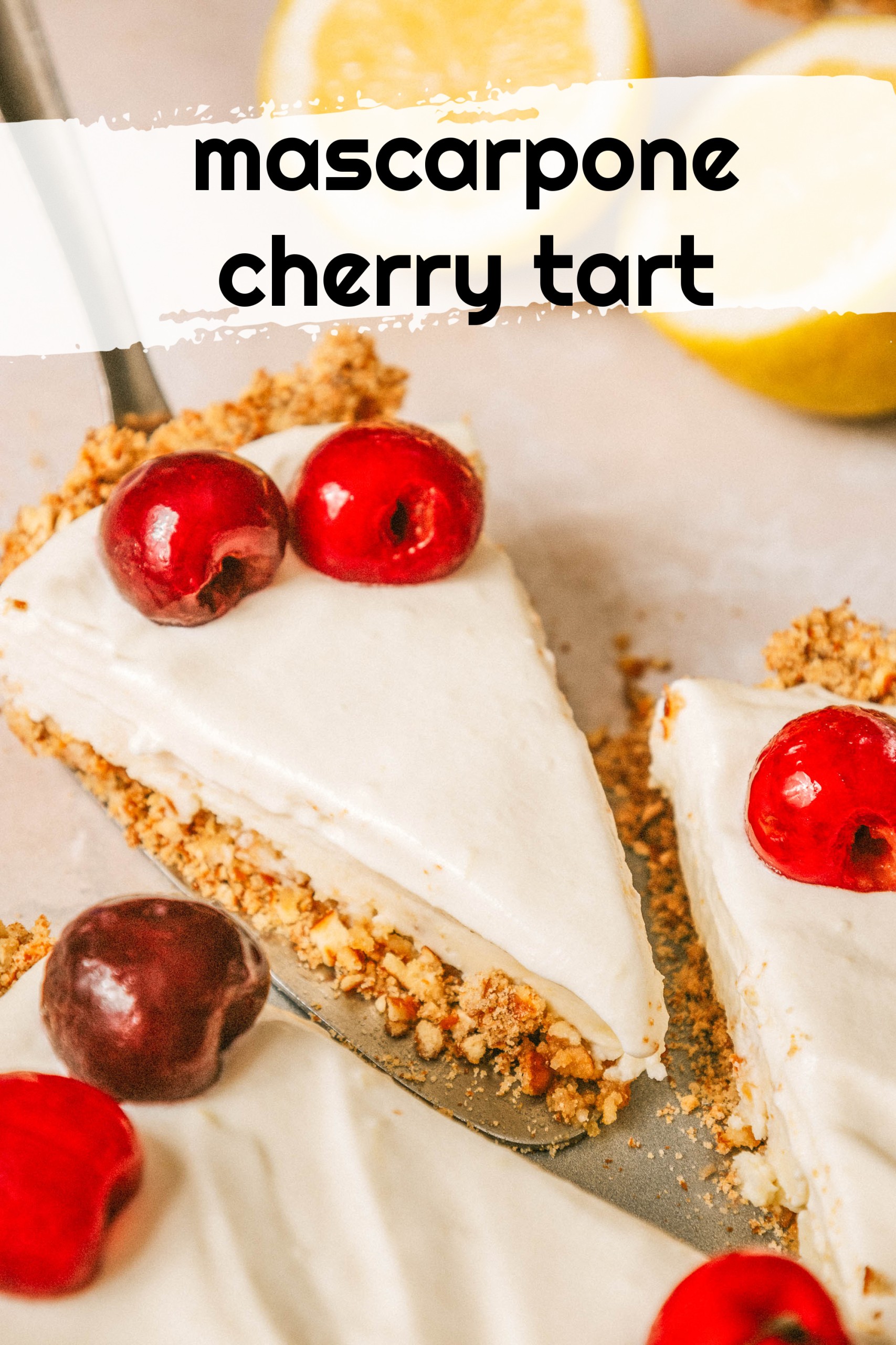 Slice of tart with cherries and a label overlay.