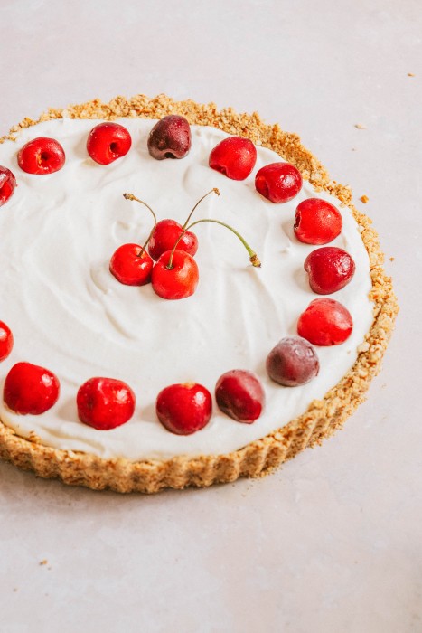 Mascarpone Cherry Tart with pretzel crust.