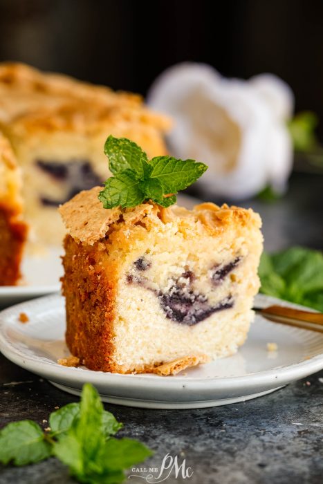 Slice of pound cake with blueberry swirl.