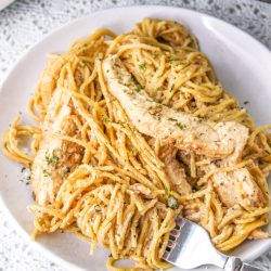 A plate of spaghetti with chicken on it.
