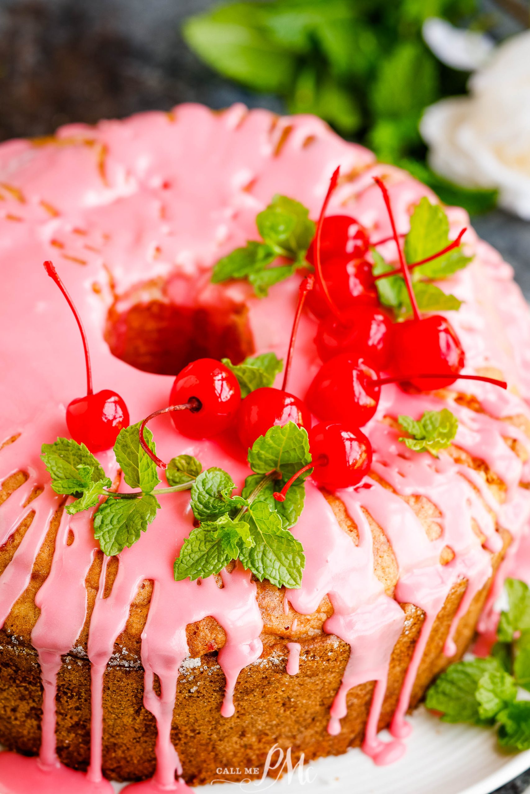Cherry pound cake on a platter.