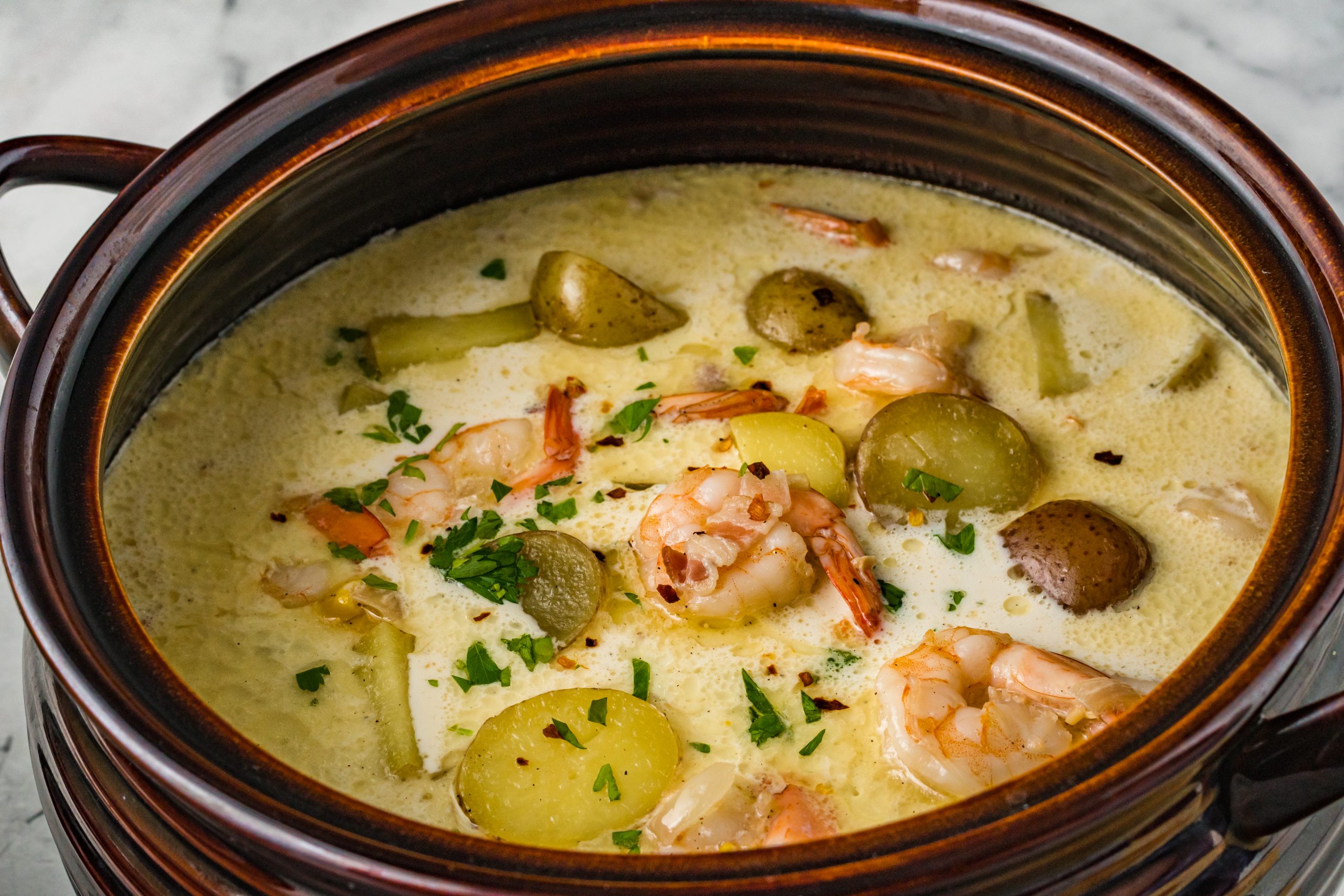 Shrimp and Potato Chowder in a large crock.