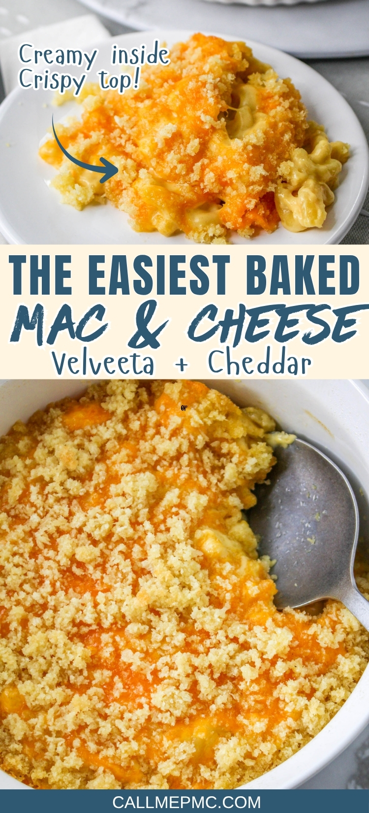 Close-up of baked Velveeta mac and cheese with a crispy breadcrumb topping on a white plate, and a spoonful served from a baking dish. Text highlights this delicious baked Velveeta mac and cheese recipe, made extra creamy with both Velveeta and cheddar cheese.