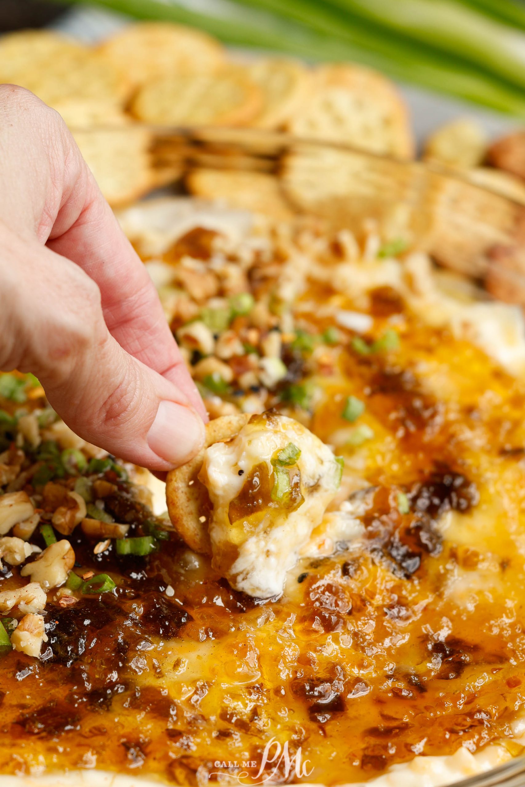 A person dipping a cracker into a bowl of dip.