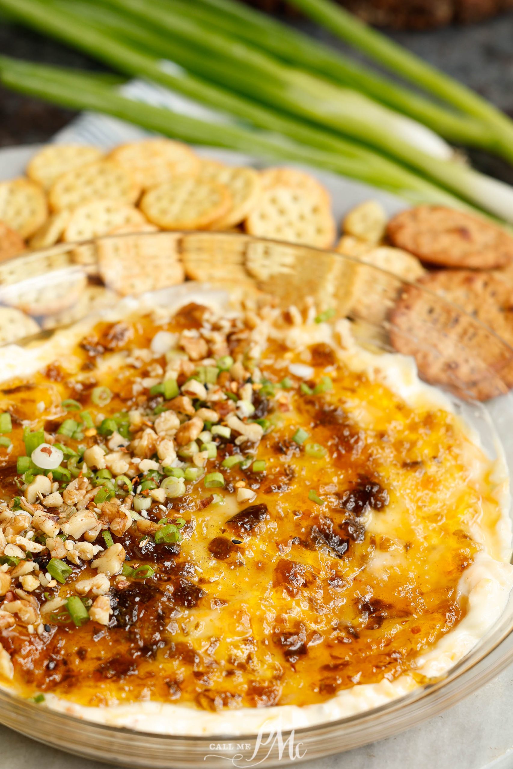 A bowl of Thunder Cheddar Cheese Dip with crackers and green onions.