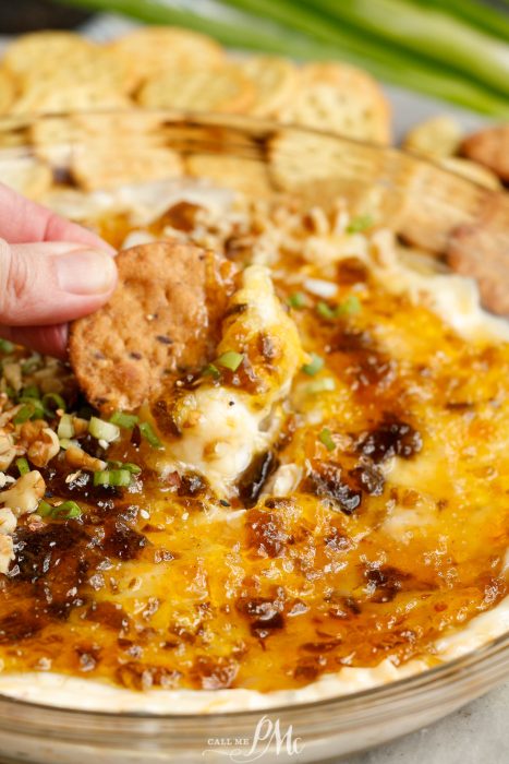 A person dipping a cracker into a bowl of Thunder Cheddar Cheese Dip.