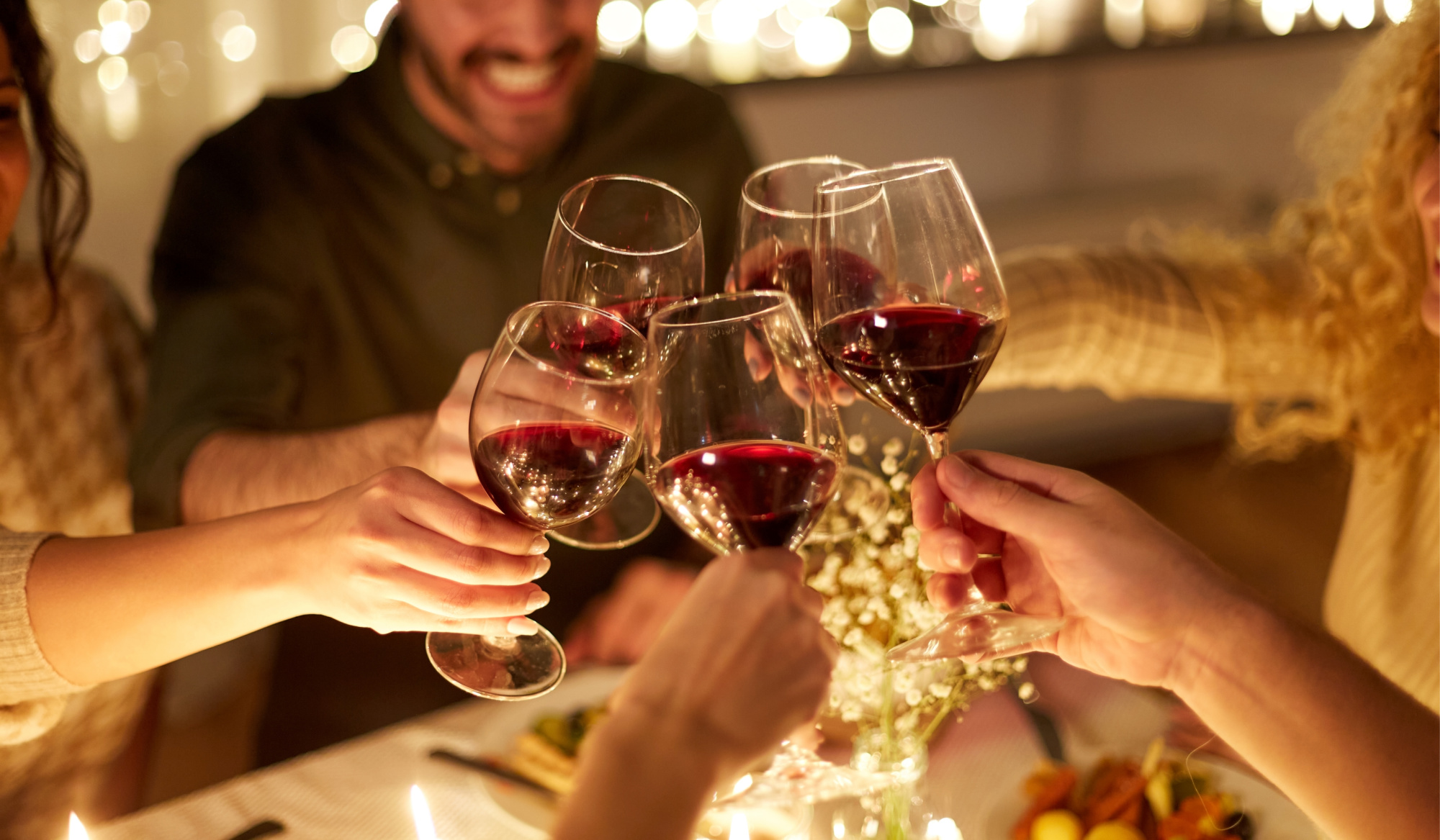 A group of friends toasting wine glasses at a dinner table.