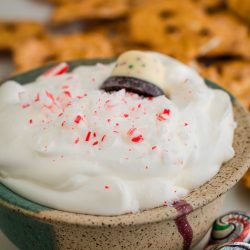 A bowl with whipped cream and peppermint chips.