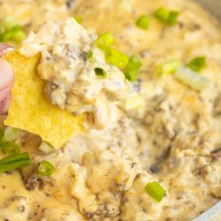 A person dipping a chip into a bowl of cheese dip.