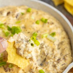 A person dipping a tortilla chip into a bowl of cheese dip.