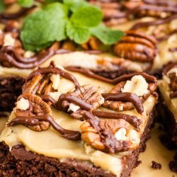 A praline brownie with caramel and pecans on top.