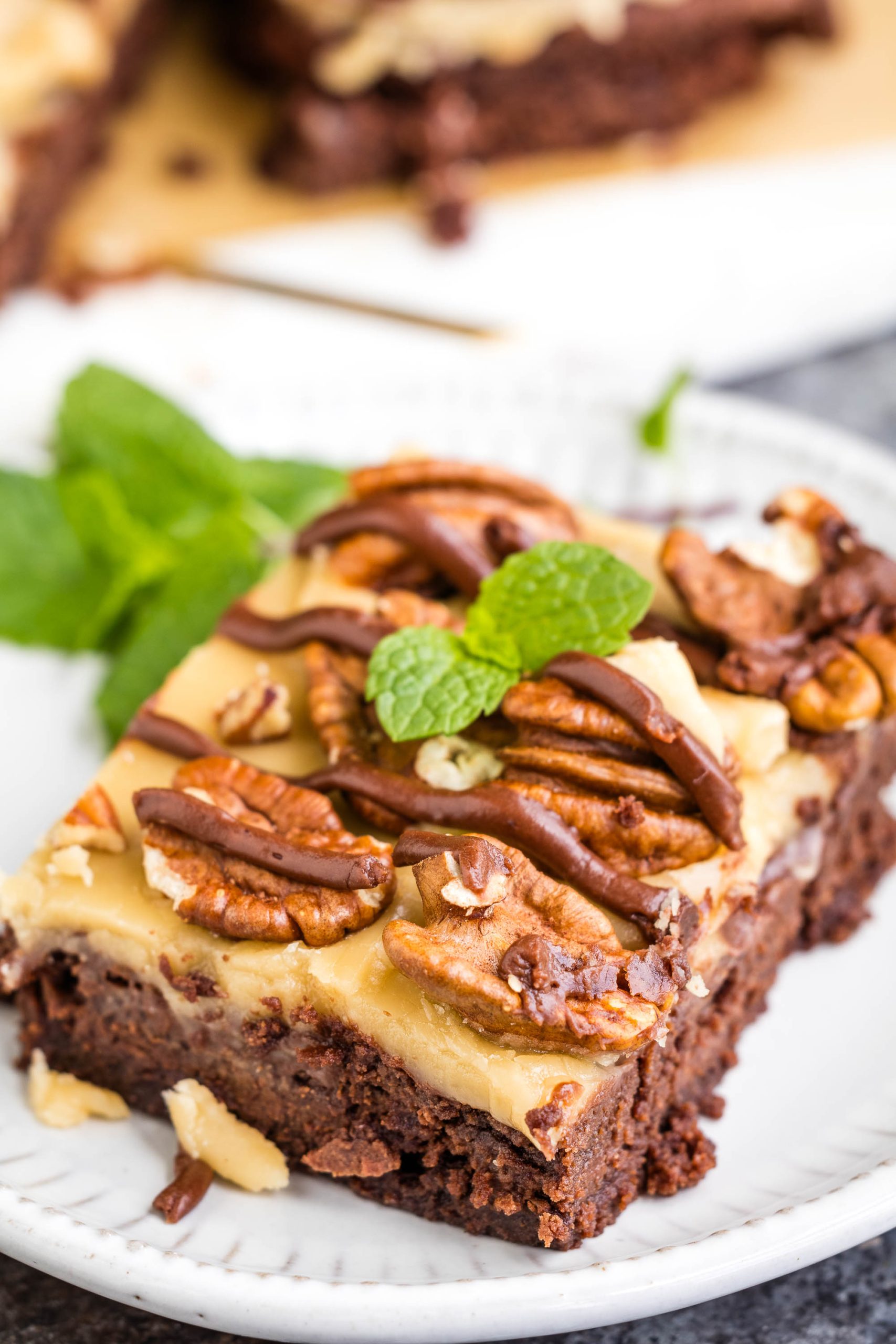 A piece of chocolate brownie with pecans and mint on a plate.