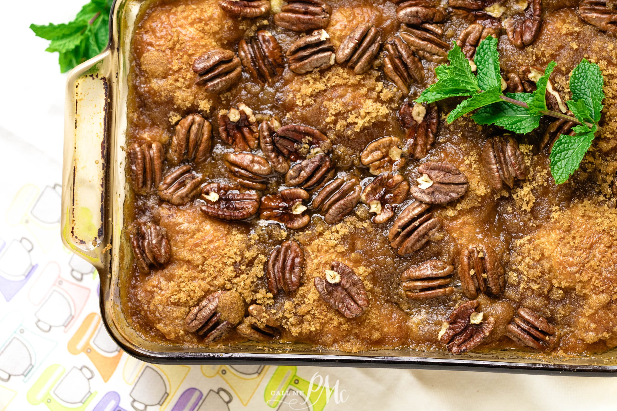 Bread pudding with pecans and mint.