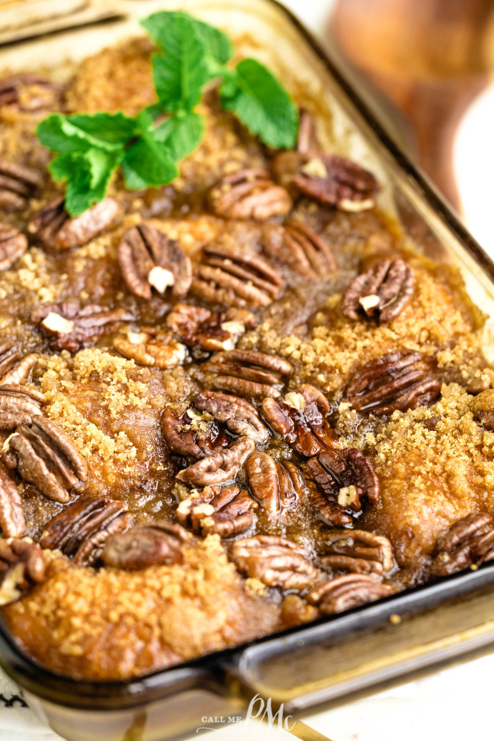 Praline Croissant Bread Pudding in a glass baking dish.