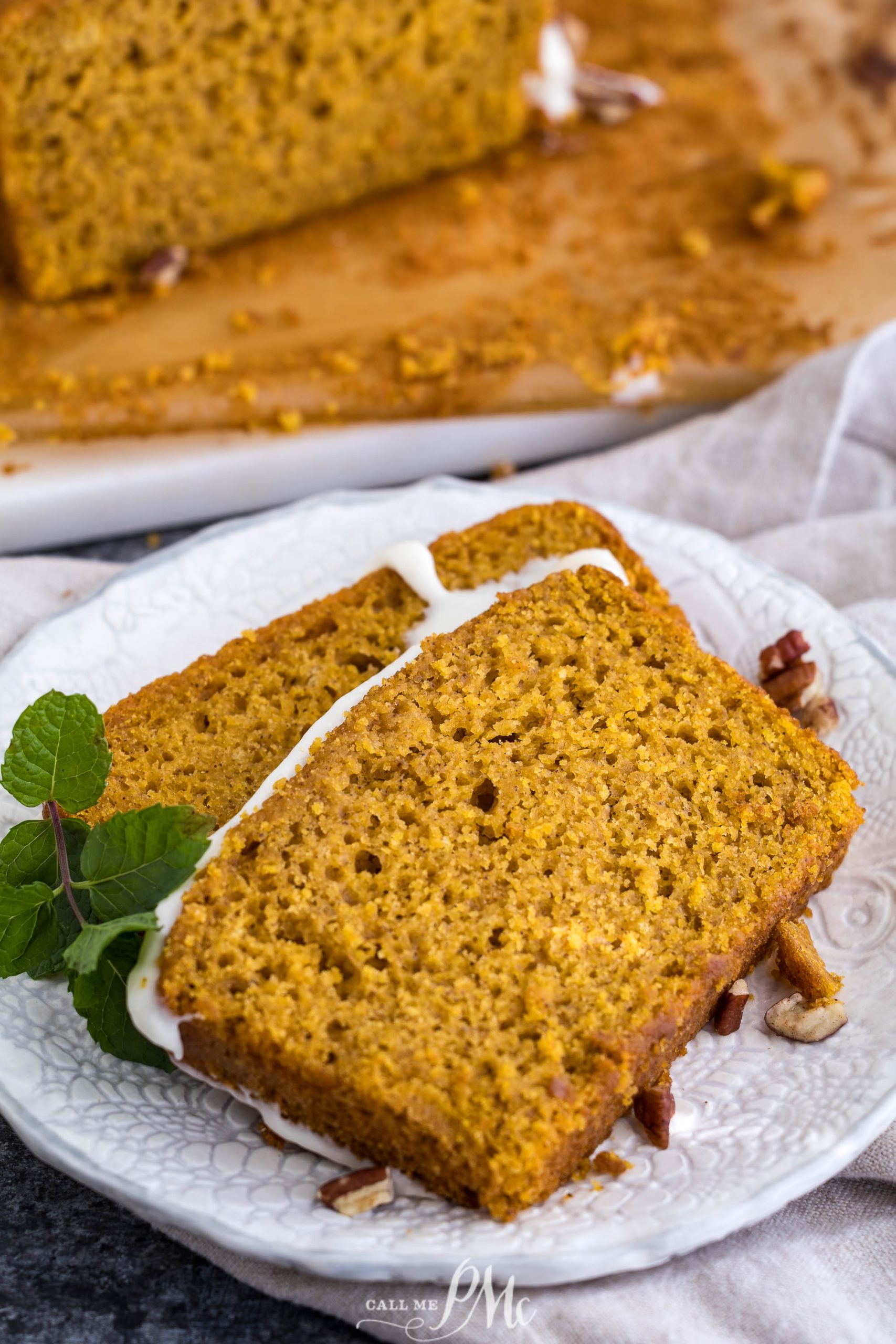 A slice of pumpkin bread on a plate