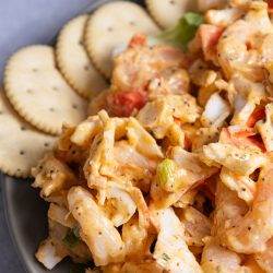 Shrimp salad with crackers on a plate.