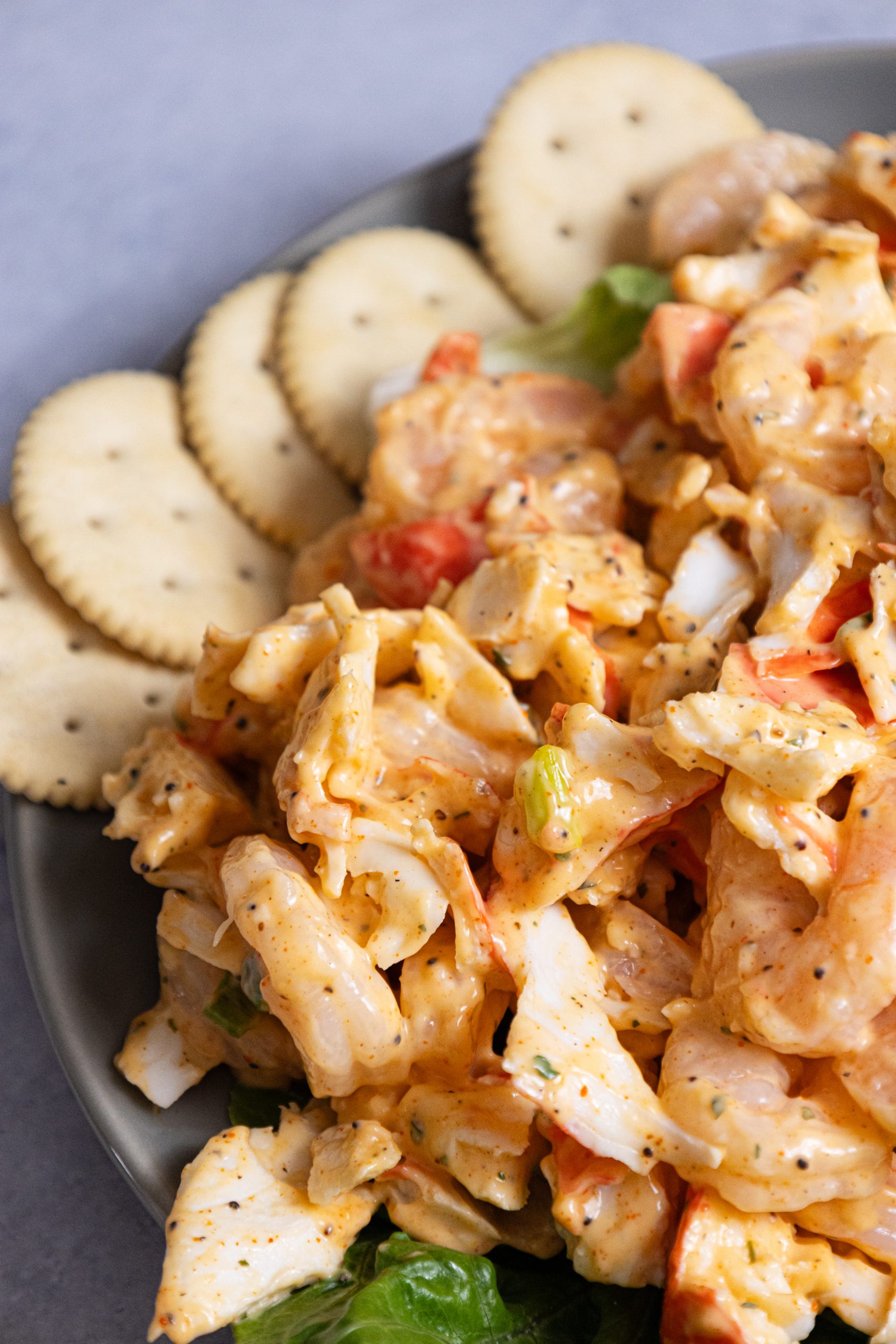 Shrimp salad with crackers on a plate.