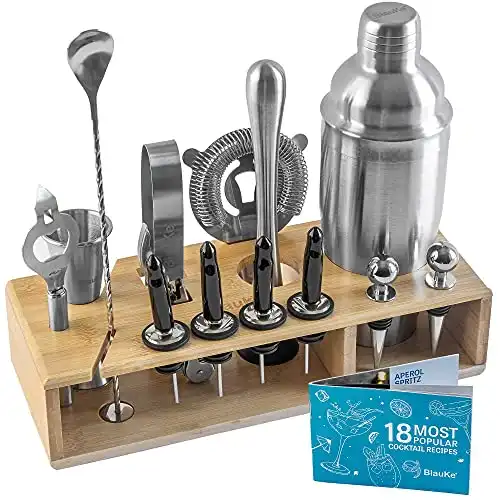 Cocktail Shaker Set with Stand – 17-Piece Mixology Bartender Kit Bar Set – 25oz Martini Shaker, Jigger, Strainer, Muddler, Drink Mixing Spoon, Tongs – Stainless Steel Bar Accessories Tools