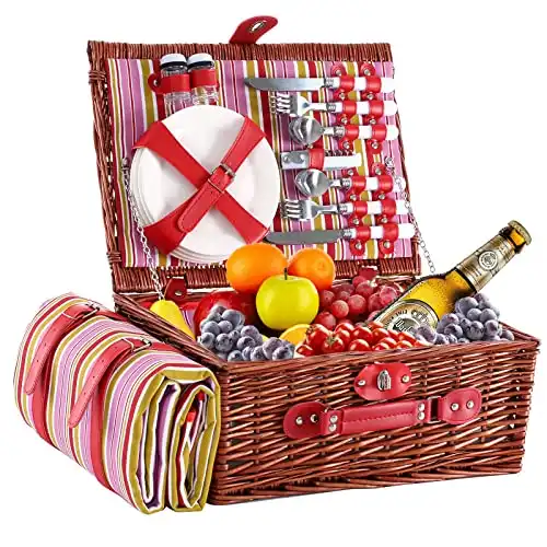 HYBDAMAI Willow Picnic Basket Set for 4 Persons with Waterproof Picnic Blanket, Large Wicker Picnic Basket for Camping, Outdoors, Valentine's Day, Christmas, Thanksgiving, Birthday (Red Stripe)?....