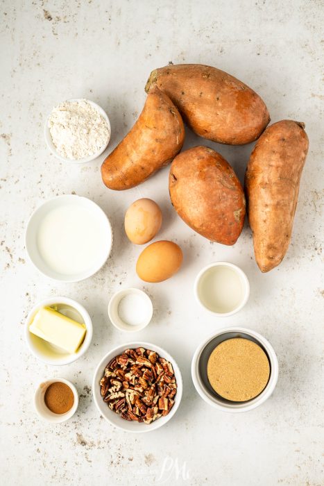 Sweet potato ingredients on a white surface.