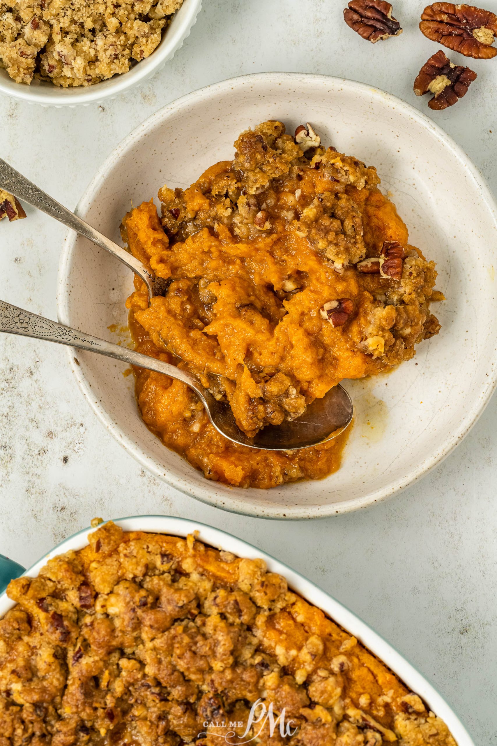 Air Fryer Sweet Potato Souffle with pecans and pecans.