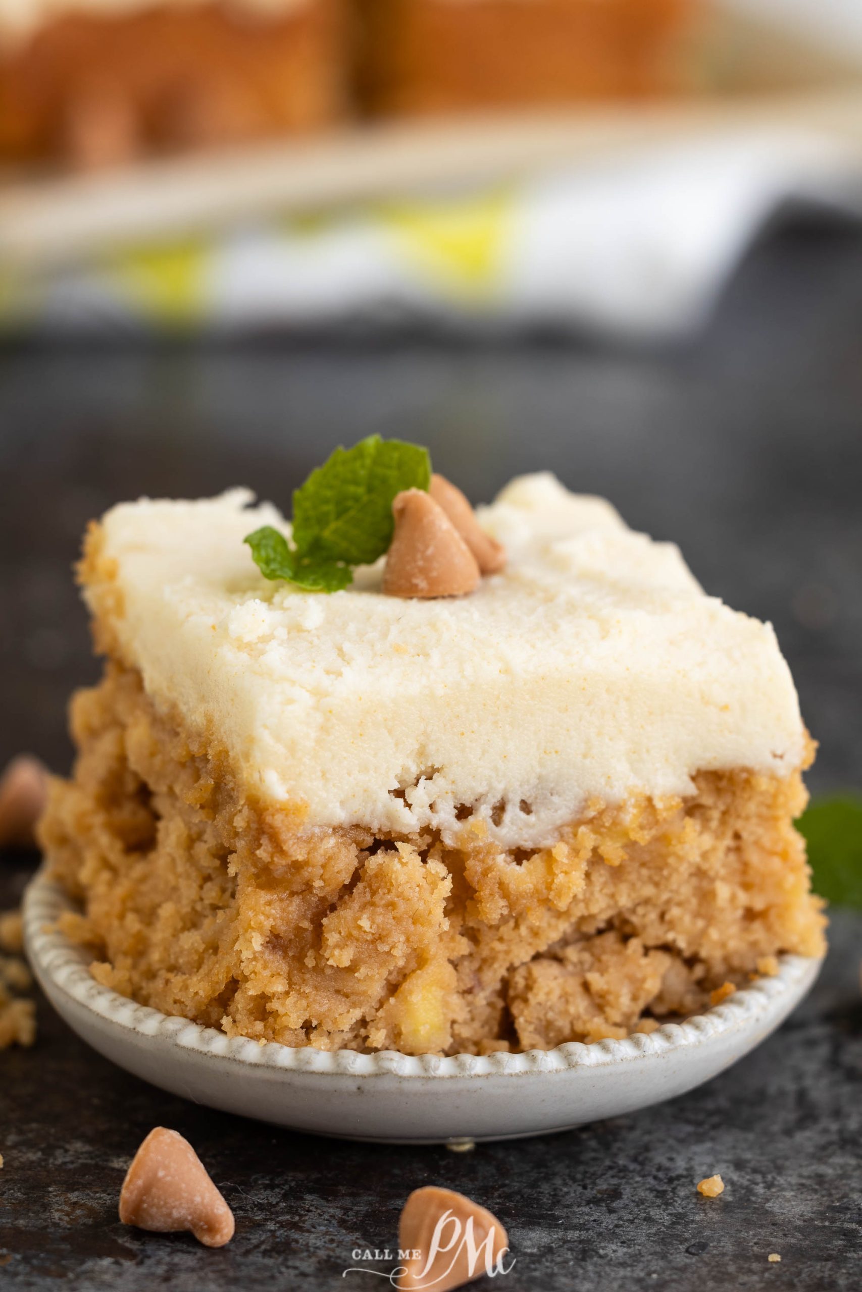 A piece of cake on a plate with a mint leaf on top.