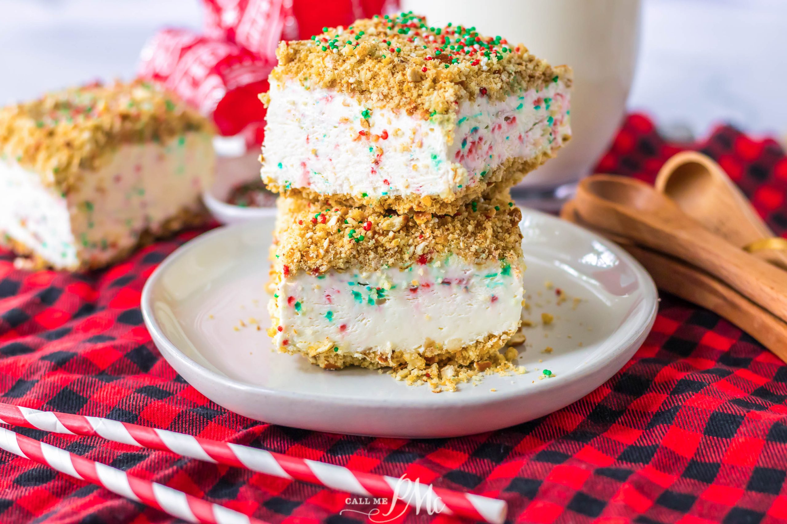 A stack of Funfetti Crunch Cake with sprinkles on top.