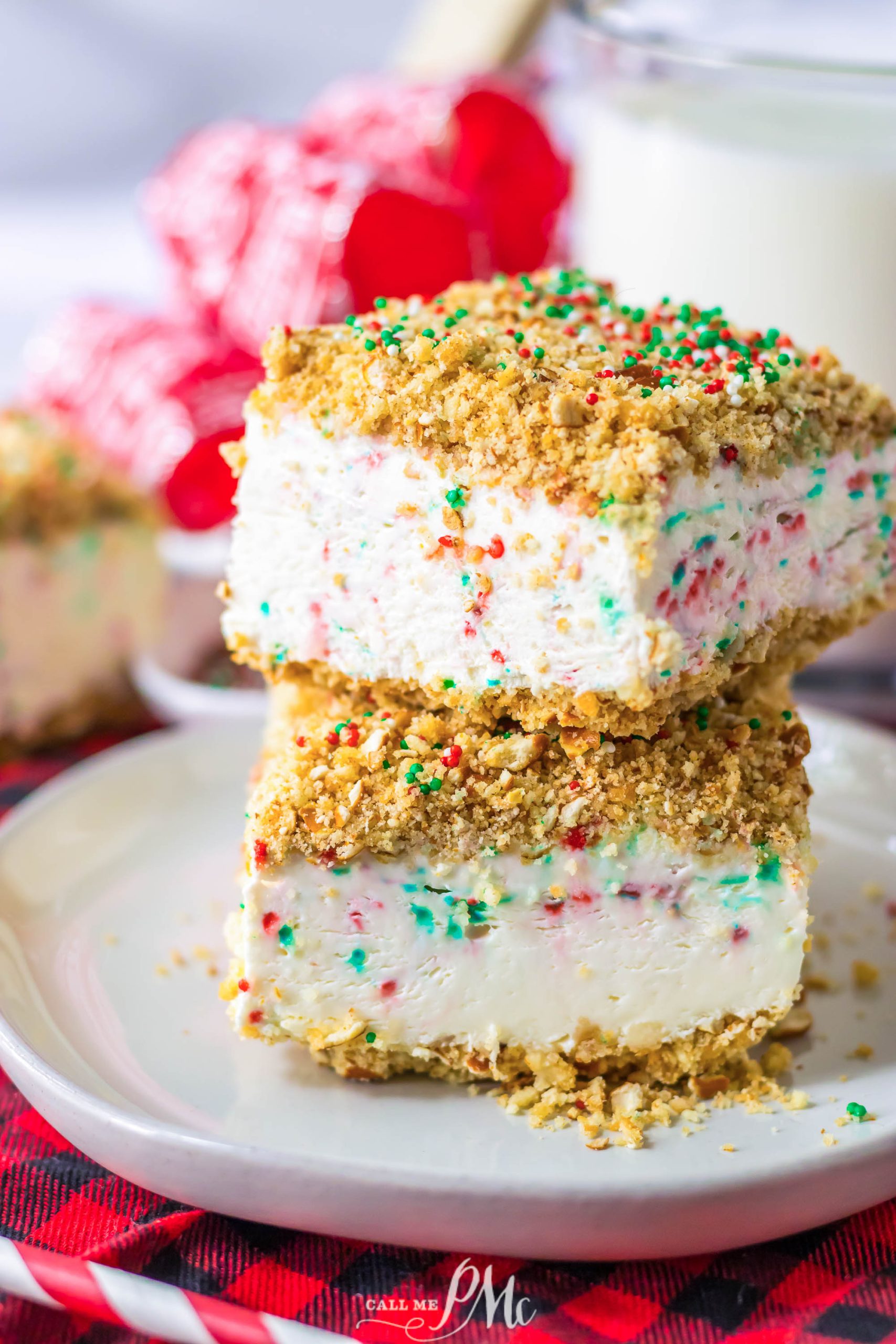 A stack of Funfetti Crunch Cake on a plate.