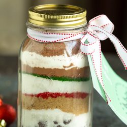 A jar with a christmas cookie mix in it.