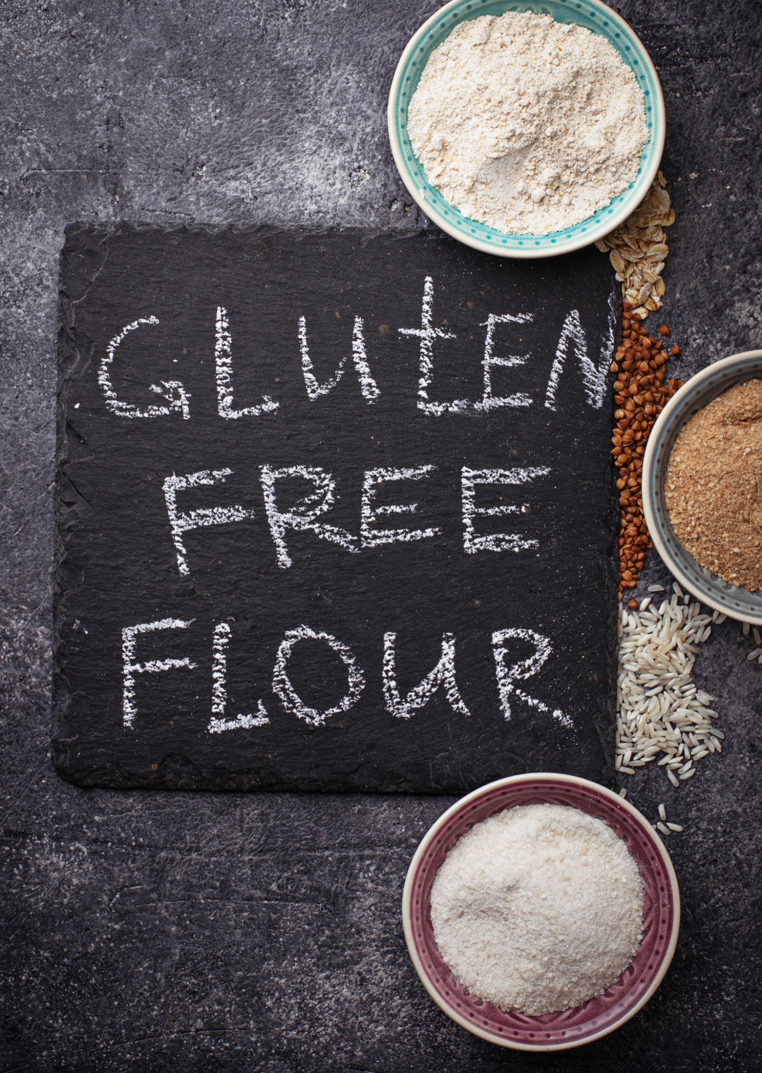 Gluten free flour on a chalkboard.
