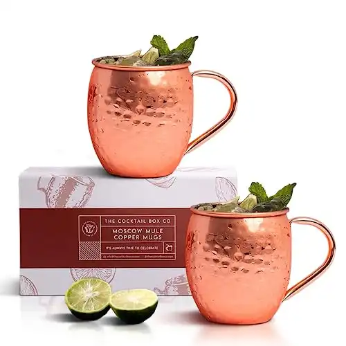PG Moscow Mule Mugs - Large Size 19 ounces - Set of 2 Hammered Cups - Stainless Steel Lining - Pure Copper Plating - Gold Brass Handle - 3.7 inches Diameter x 4 inches Tall