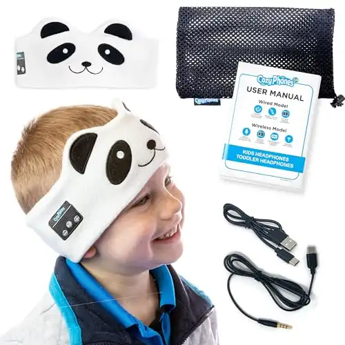CozyPhones 3.0 Kids Headphones Wireless & Wired with Volume Limiting, Perfect Toddler Earphones - Includes Wired Option & Travel Bag. Great for Girl or Boy, School, Home and Travel - Panda