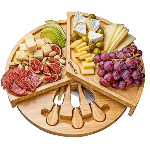 BlauKe Bamboo Cheese Board, Knife Set, Serving tray – 14 inch Round Charcuterie Board with Slide-Out Drawer