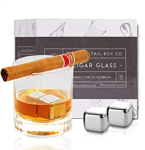 The Cocktail Box Co Cigar Whiskey Glass with Cigar Holder, Whiskey Cigar Glass Holder Set with 2 Whiskey Stones, Old Fashioned Cigar Cup Holder, Gifts for Men