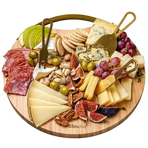 Bamboo Cheese Board and Knife Set – 13 inch Round Charcuterie Board, Serving Tray Platter with Magnetic Cheese Knives  – BlauKe®