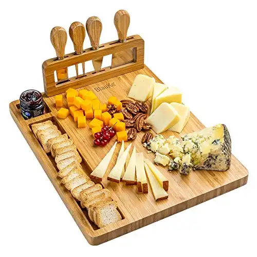 Bamboo Cheese Board, Knife Set, Serving Tray 14x11 inch – Charcuterie Board Set with 4 Cheese Knives – BlauKe®