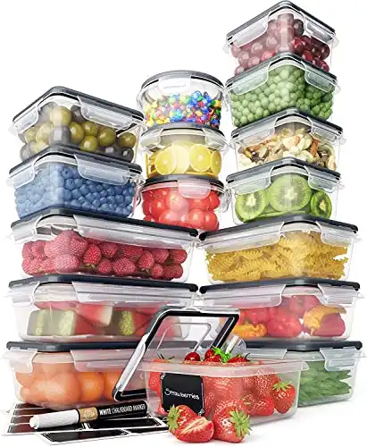 32 Piece Food Storage Containers Set with Easy Snap Lids (16 Lids + 16 Containers) BPA-Free with Free Labels & Marker