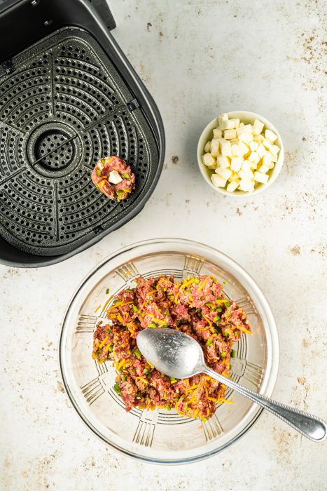 A bowl of food next to an air fryer.