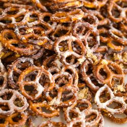 A pile of Cheddar Pretzels Recipeon a baking sheet.