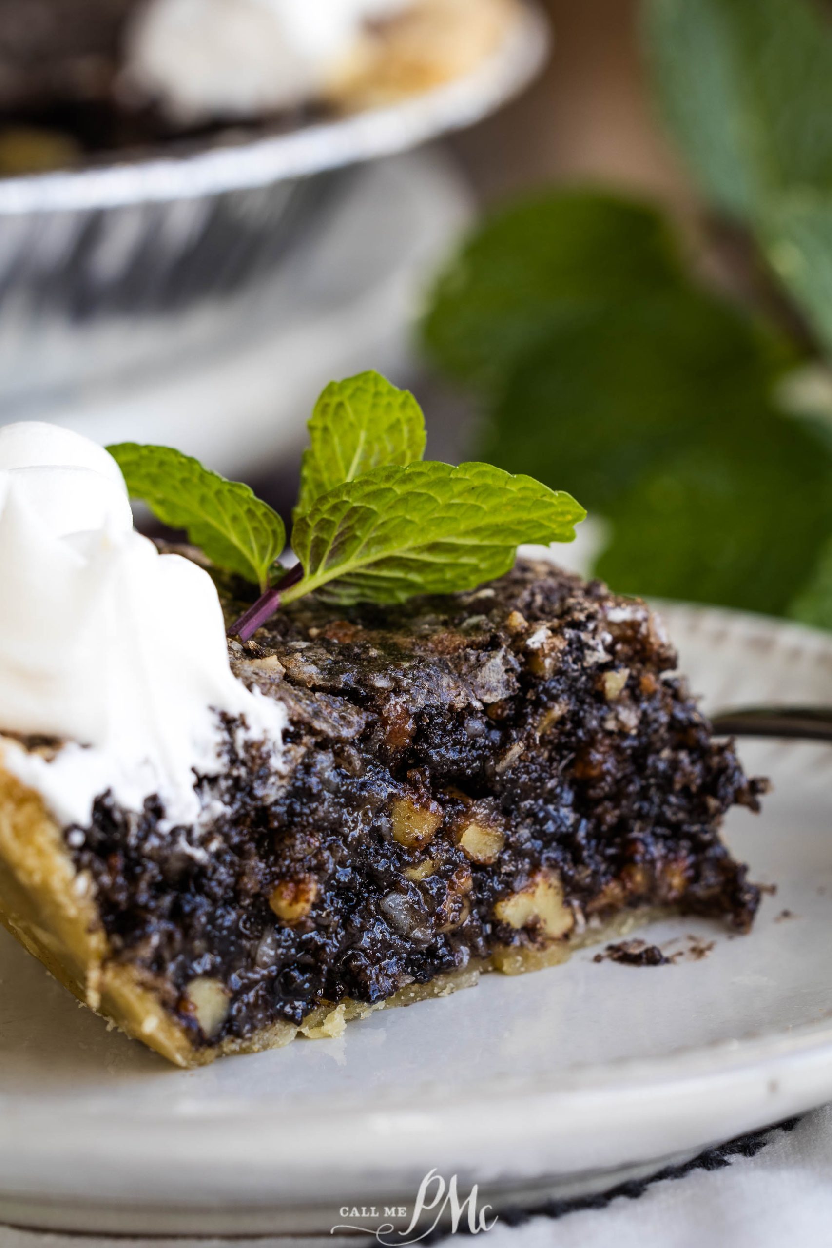 A slice of chocolate pie on a plate.