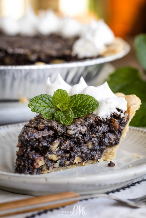 A slice of Chocolate Sawdust Pie with whipped cream and mint leaves.