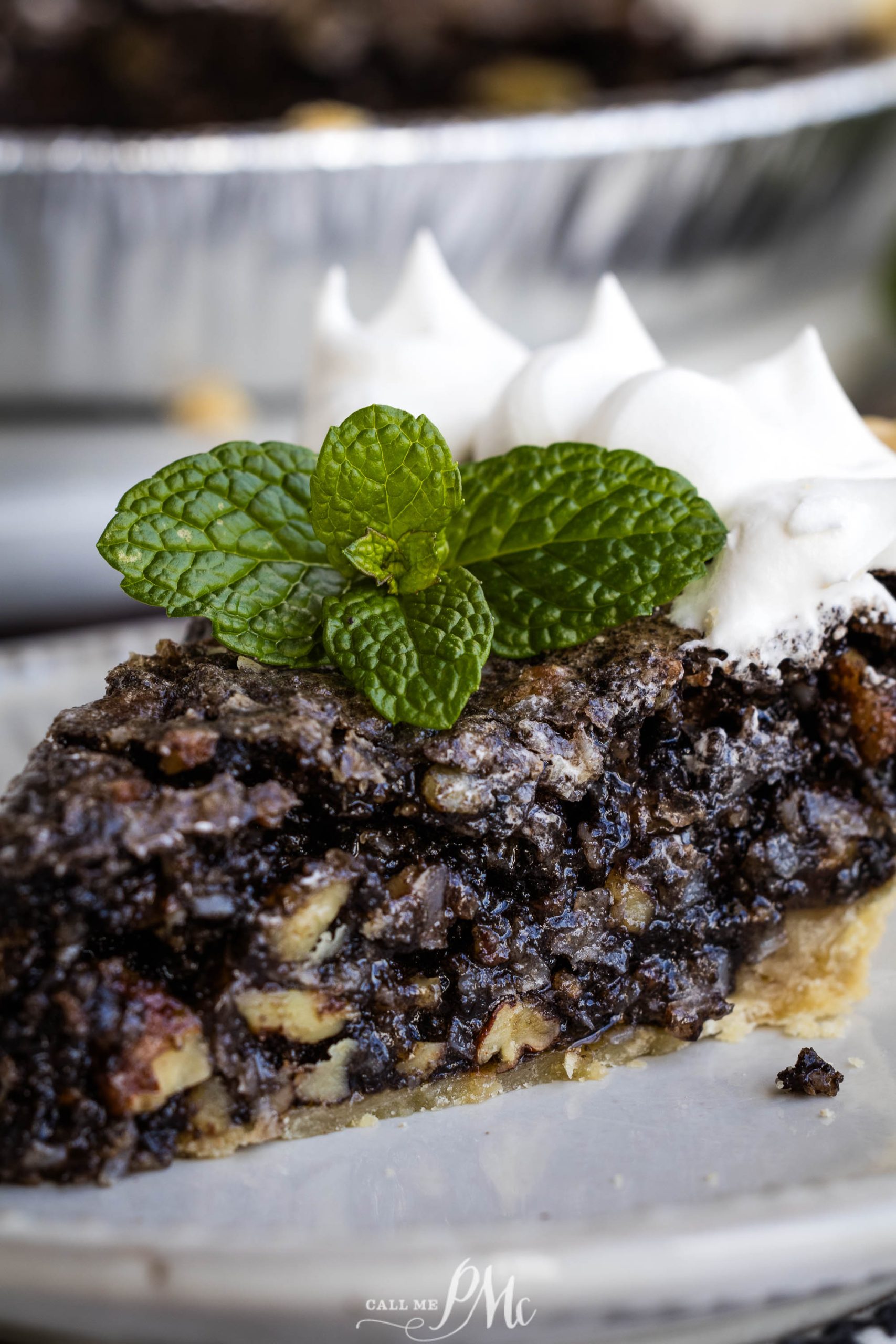 A slice of Chocolate Sawdust Pie with whipped cream and mint leaves.