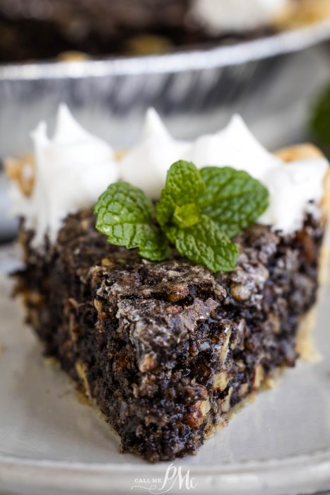 A slice of pie with whipped cream and mint leaves.