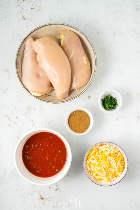 A plate of chicken breasts and ingredients.