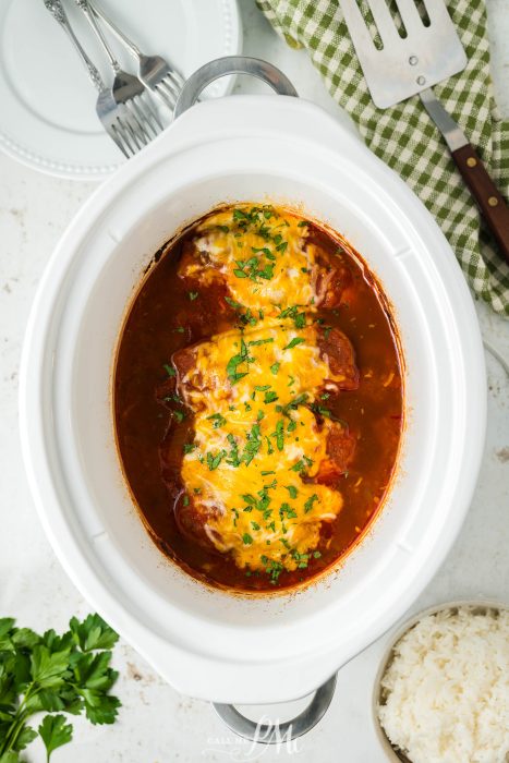 Crockpot Cheesy Salsa Chicken in a crock pot with rice and cheese.