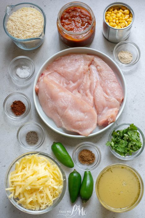 Ingredients for chicken fajitas on a white background.