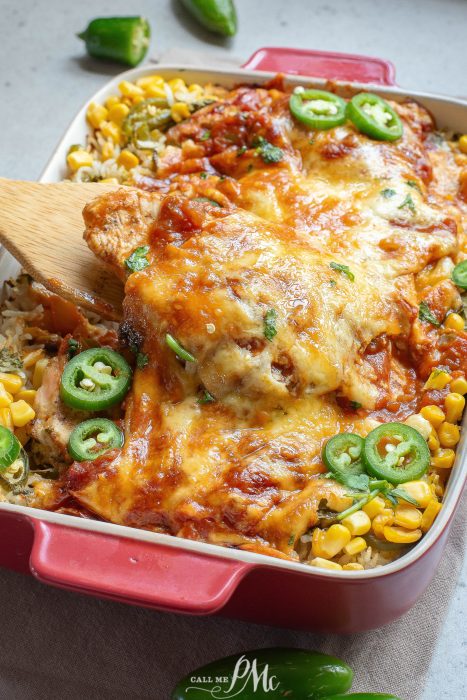 Chicken enchilada casserole with corn and jalapenos.