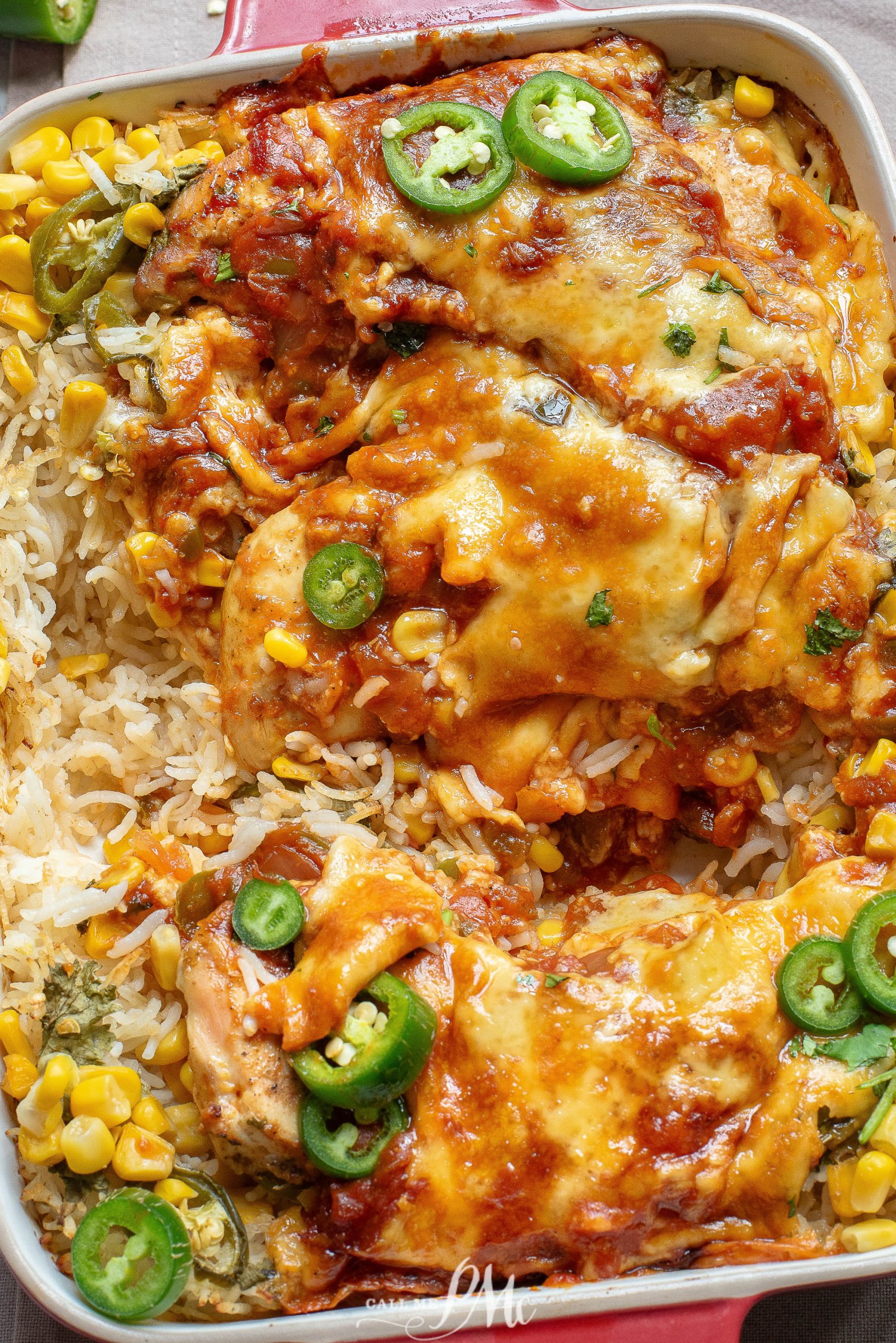 Mexican chicken casserole with rice and jalapenos.