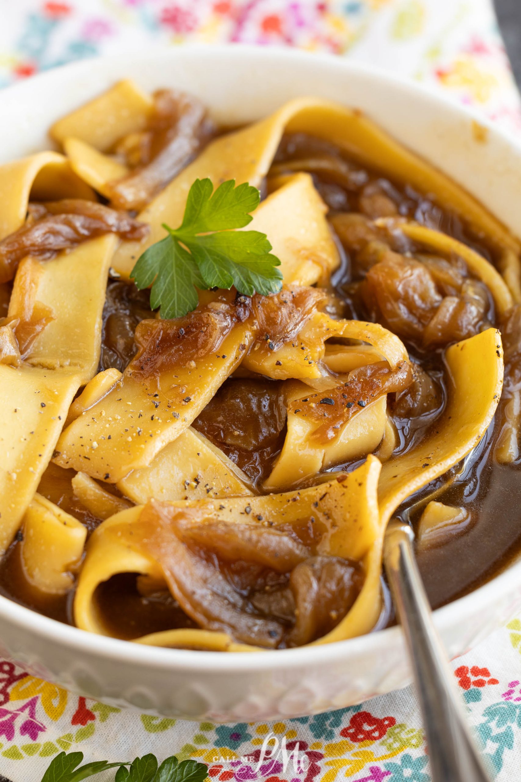 A bowl of soup with French Onion Noodle Soup.